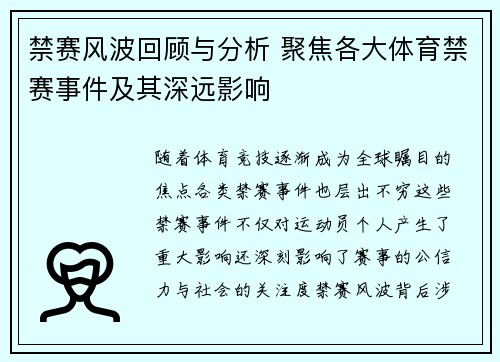 禁赛风波回顾与分析 聚焦各大体育禁赛事件及其深远影响