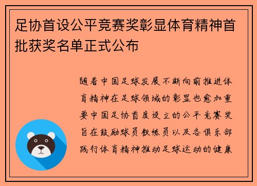 足协首设公平竞赛奖彰显体育精神首批获奖名单正式公布